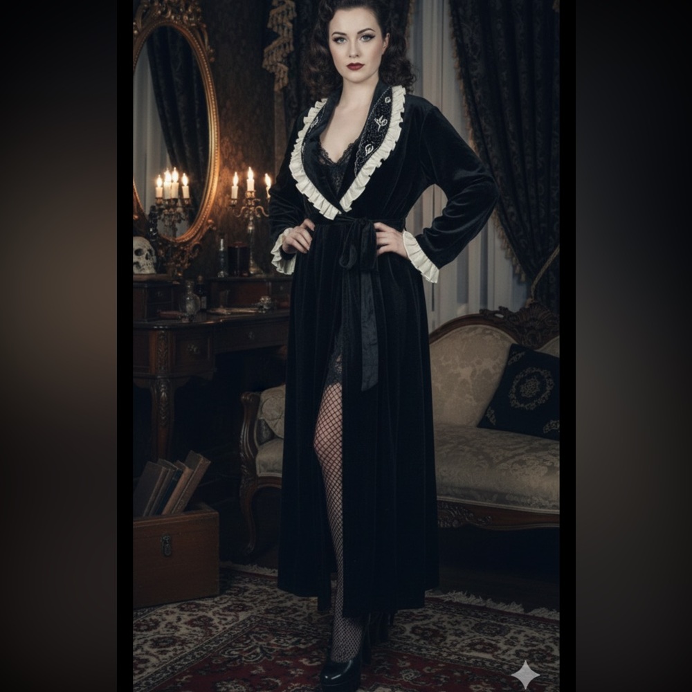Vtg Patricia Lane Robe Loungewear Gothic Pin Up Girl Velvet Black Cream L